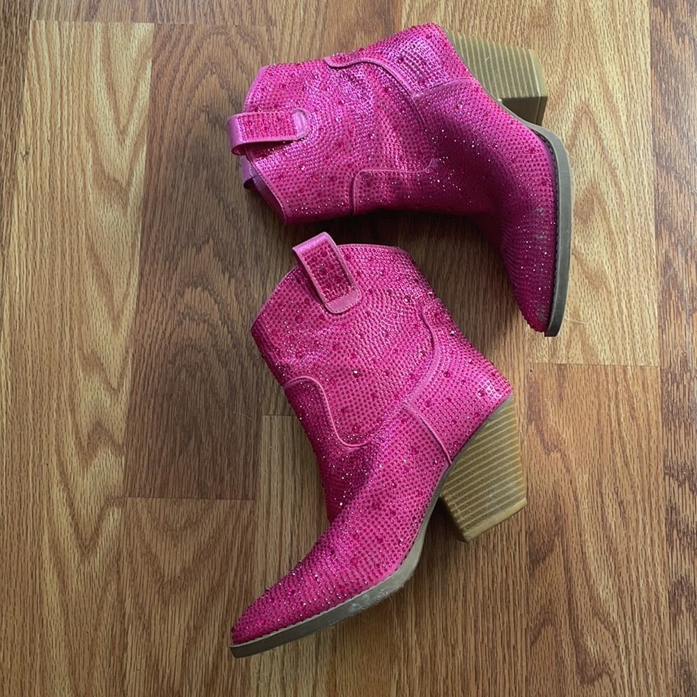 Pink Rhinestone Cowgirl Ankle Boots Sz 8 - Picture 4 of 8